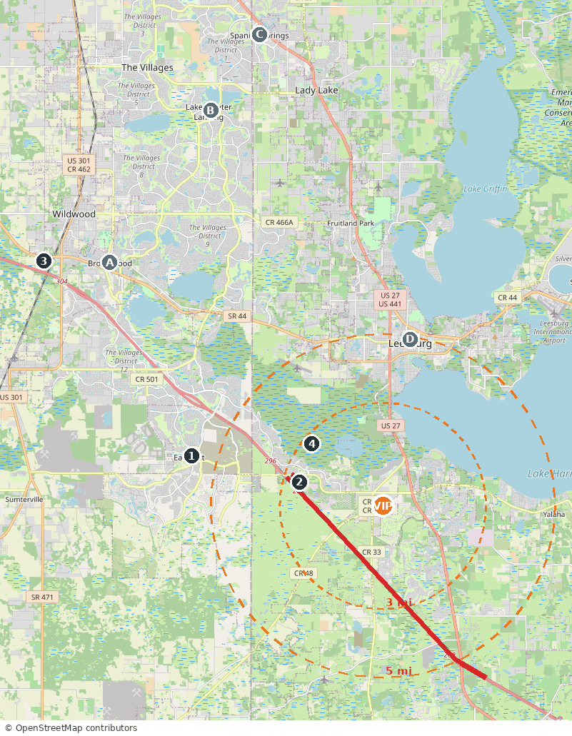 Map of the VIP Leesburg site with 3- and 5-mile rings, nearby development projects, The Villages town squares and the Turnpike widening segment.